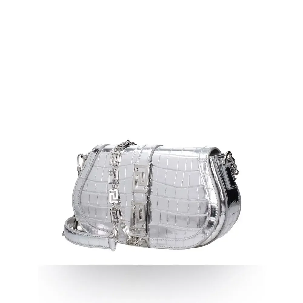 Versace Garcia Croc-Embossed Leather Shoulder Bag Silver New 2900$